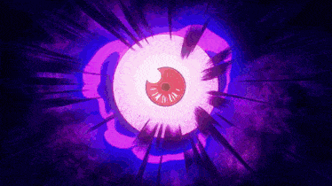 a cartoon illustration of a glowing eye in a dark room with a purple background .
