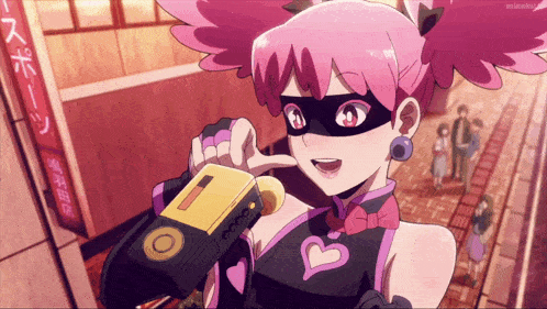 a girl with pink hair and a heart on her chest is holding a yellow object