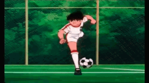 a young boy is kicking a soccer ball on a field .