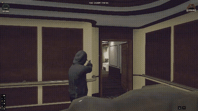 a screenshot of a video game shows a man in a black hoodie aiming a gun
