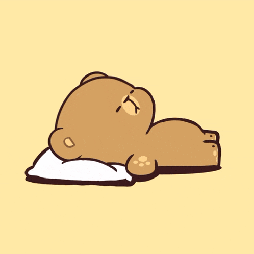 a cartoon of a brown bear laying on a pillow and a white bear standing next to it
