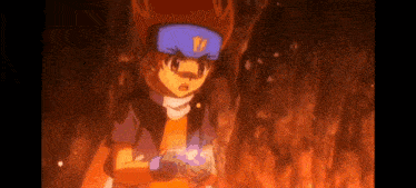 a boy is standing in front of a fire holding a purple object in his hands .