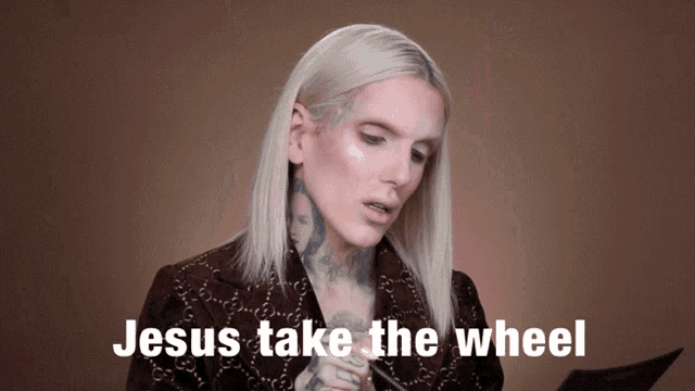 a woman with a tattoo on her neck says " jesus take the wheel "