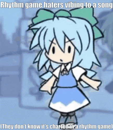 a cartoon of a girl with the words " rhythm game haters vibing to a song " on the bottom