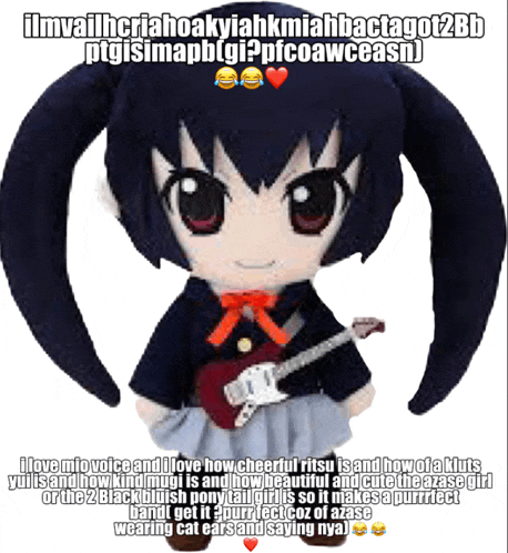 a stuffed doll holding a guitar with a caption that says " i love my voice "