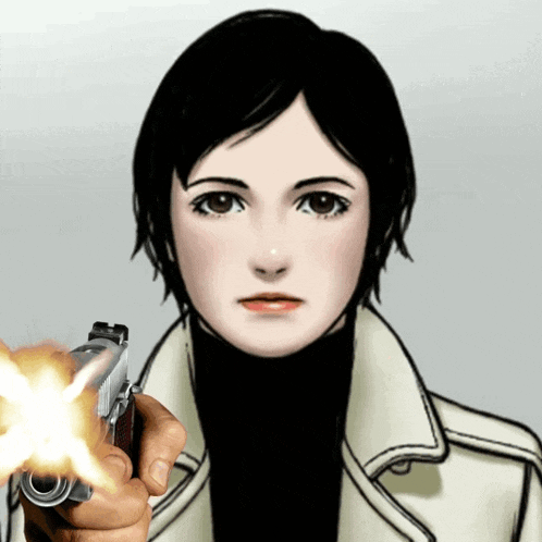 a woman in a trench coat is pointing a gun at something