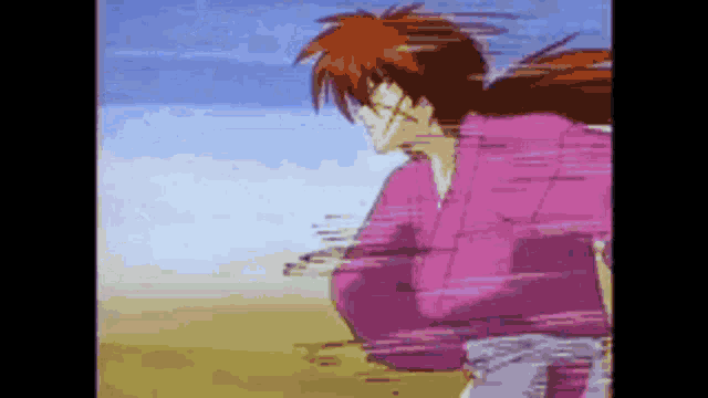 a cartoon character in a pink kimono is running across a desert .