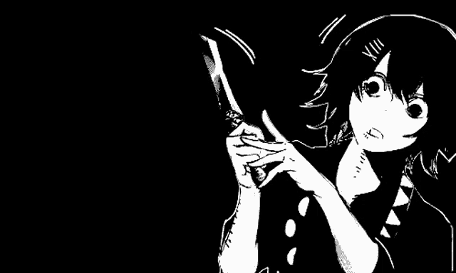 a black and white drawing of a person holding a knife in their hand .