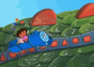 a cartoon of dora riding a blue train