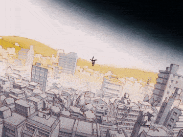 a cartoon drawing of a city with a cross in the sky