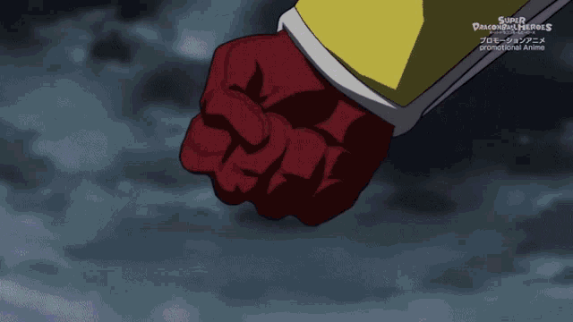 a super dragon ball heroes poster with a red fist in the foreground