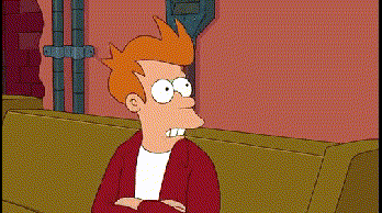fry from futurama is sitting on a couch with a picture of a man in the background
