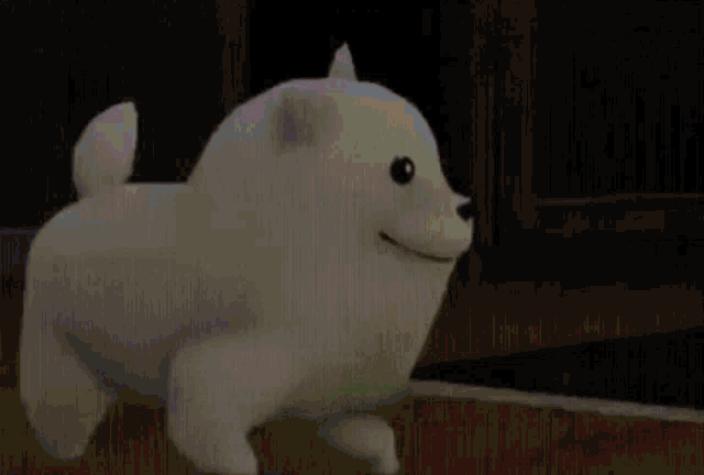 a white dog is standing on a bed with a purple background .