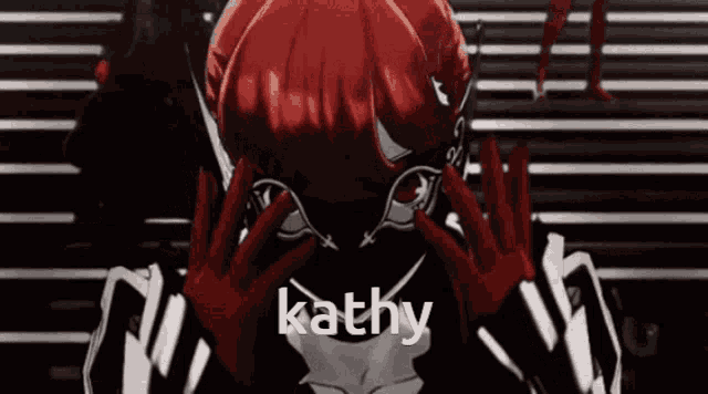a person with red hair and red gloves has kathy written on their face