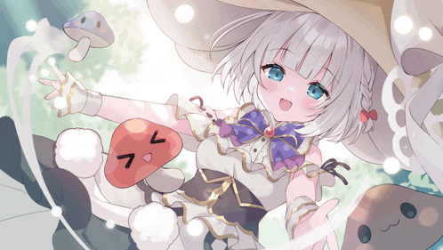 a girl with white hair and blue eyes is surrounded by mushrooms and a smiley face