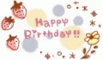 a happy birthday greeting card with strawberries and a flower