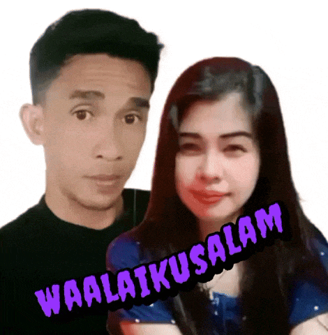 a man and a woman are standing next to each other with the words waalaikusalam written in purple
