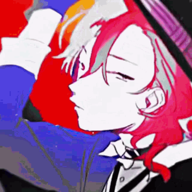 a close up of a person with red hair wearing a top hat