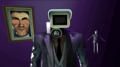 a man with a clock around his neck and a picture of a man behind him