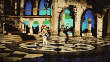 a couple of people standing in a room with arches