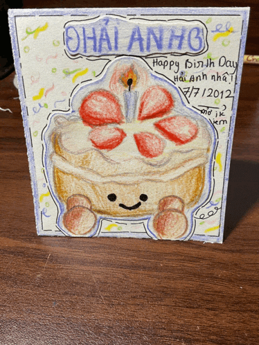 a birthday card with a drawing of a cake with strawberries and a candle on it