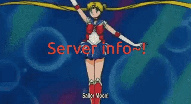 a cartoon of sailor moon with the words server info written below her