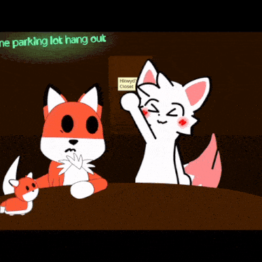 a cartoon of two foxes with a sign that says " the parking lot hang out " in the background