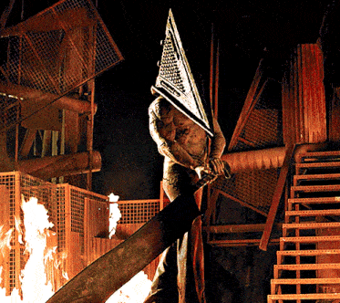 a man with a pyramid head is holding a large sword