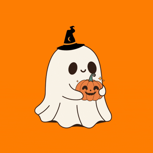 a ghost with a witch hat on holds a pumpkin