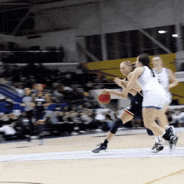 a female basketball player dribbles a ball while another player tries to block her