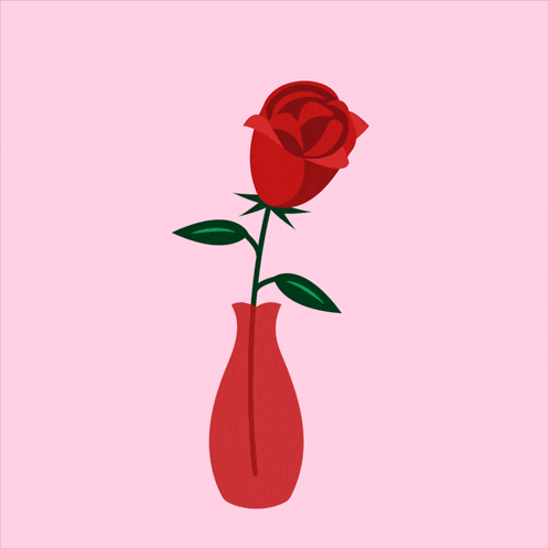 a red vase with a single red rose in it on a pink background