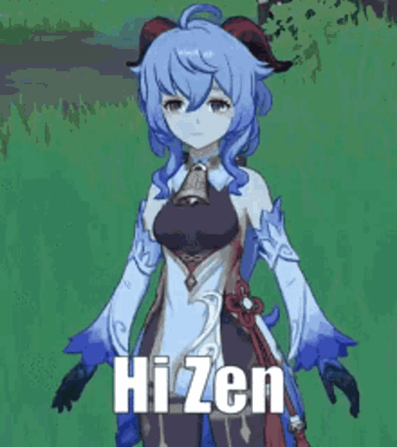 a girl with blue hair and horns is waving her hand in a video game and says hi zen .