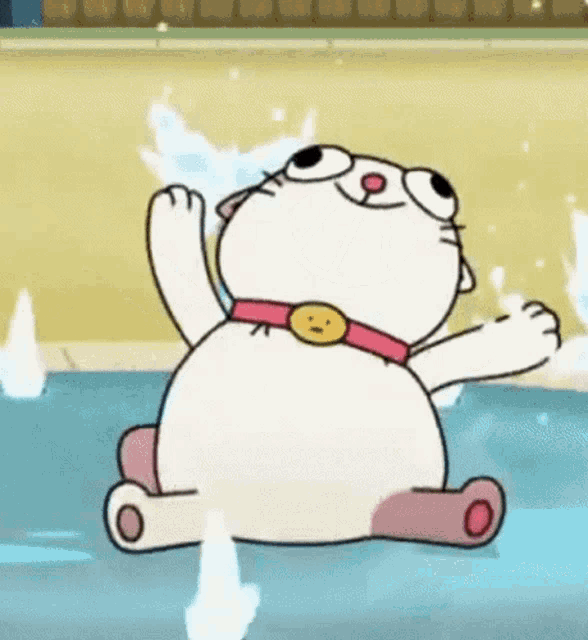 a cartoon cat is sitting in the water with its arms outstretched and a red collar .