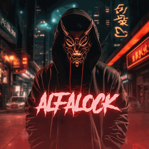 a man wearing a mask and a black hoodie with the word alfalock on it