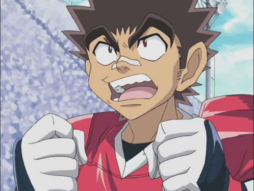 a cartoon character with his mouth open and his fist in the air