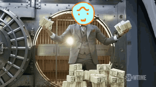 a man in a suit is holding a stack of money in front of a showtime logo