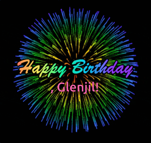 a colorful fireworks display with the words happy birthday glenjit written on it