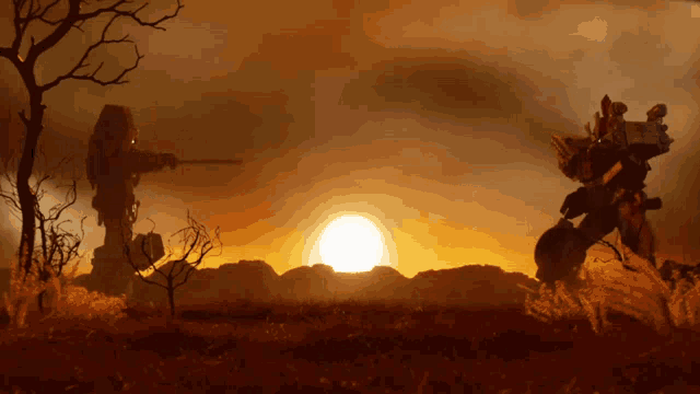 a silhouette of a man with a gun and a robot standing in a field at sunset