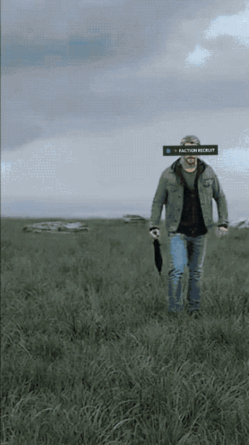 a man walking through a field with a faction recruit sign on his face