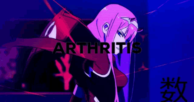 a girl with purple hair is standing in front of a sign that says arthritis