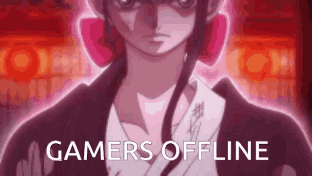 a woman in a kimono is standing in front of a red background with the words gamers offline written on it .