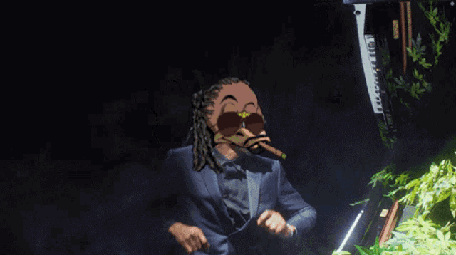 a man in a suit is smoking a cigar while sitting at a piano