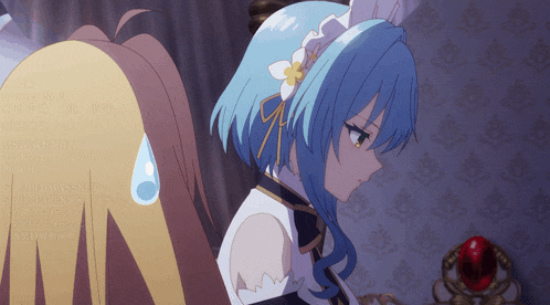 a girl with blue hair and a flower on her head
