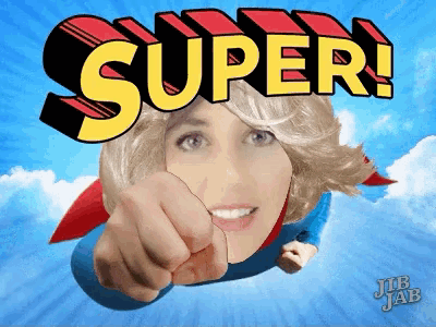 a woman in a superman costume is pointing at the viewer
