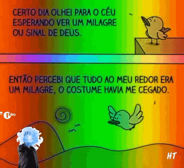 a cartoon of a bird standing on a hill with a rainbow background