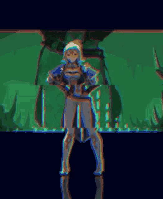 a cartoon character is standing in front of a dark background