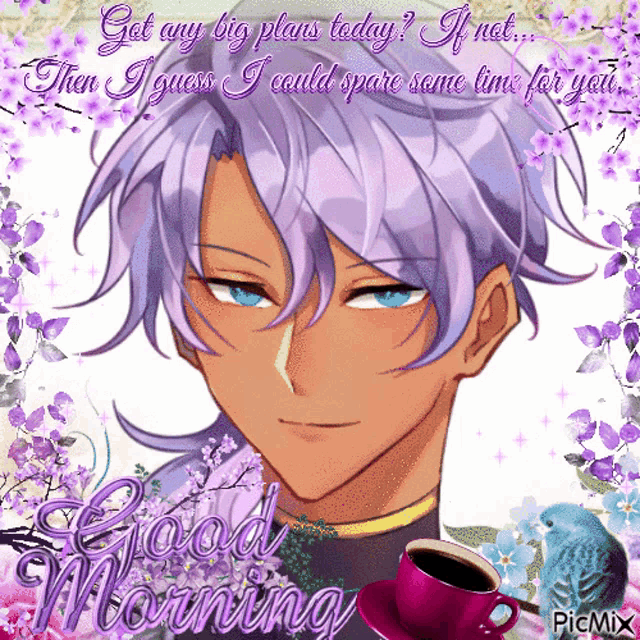 a picture of a man with purple hair and the words " get any big plans today "
