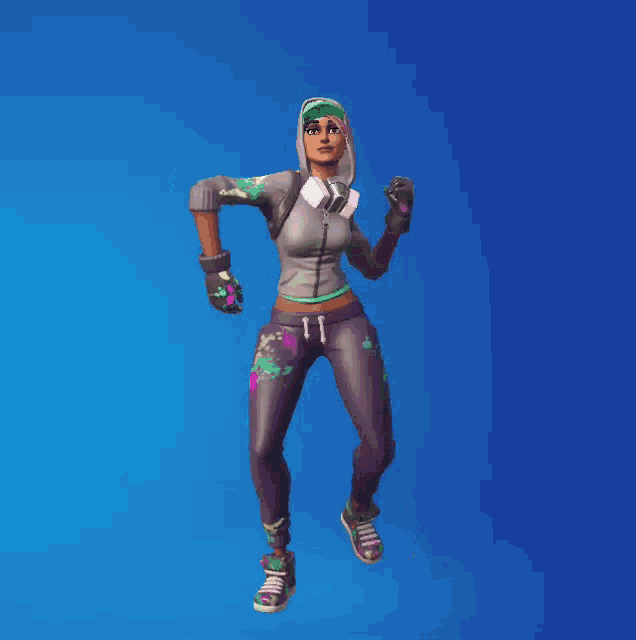 a girl in a hoodie and purple pants is dancing on a blue background