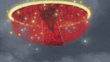 a robot is flying through the air with a red circle around him