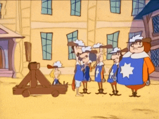a group of cartoon characters are standing next to each other in front of a building